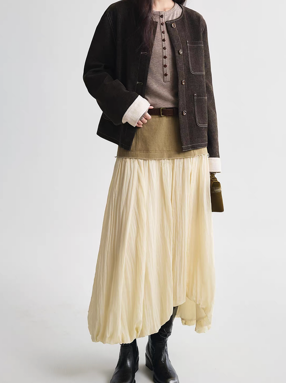 Thumbnail: Docking khaki denim beige lyocell rayon asymmetric puff skirt
