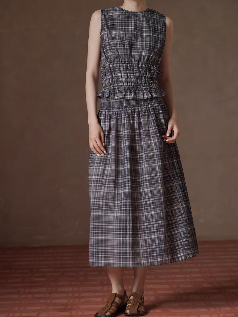 Ruffled elastic waistline cotton grey checker vest + skirt set 5