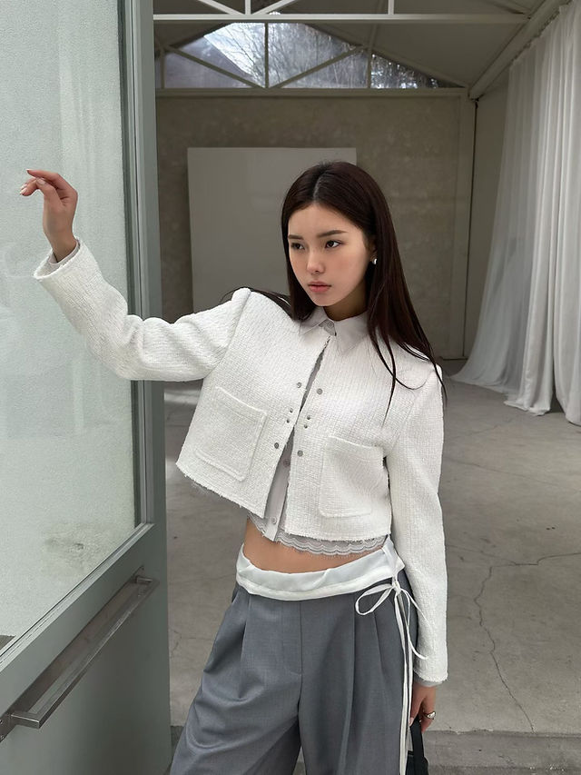 Cotton tweed side pockets cotton cropped jacket  3