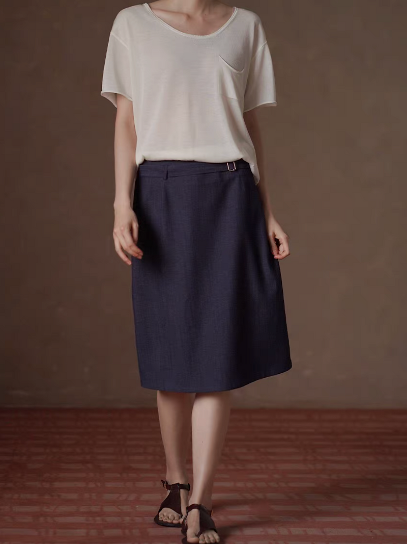 Navy belted tencel denim high waisted skirt 5