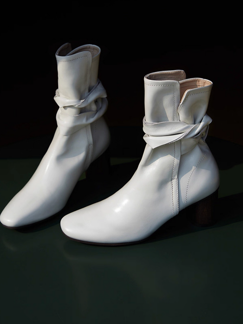 Made in Paris Italian sheep skin back knot slit wood heel ankle boots 1