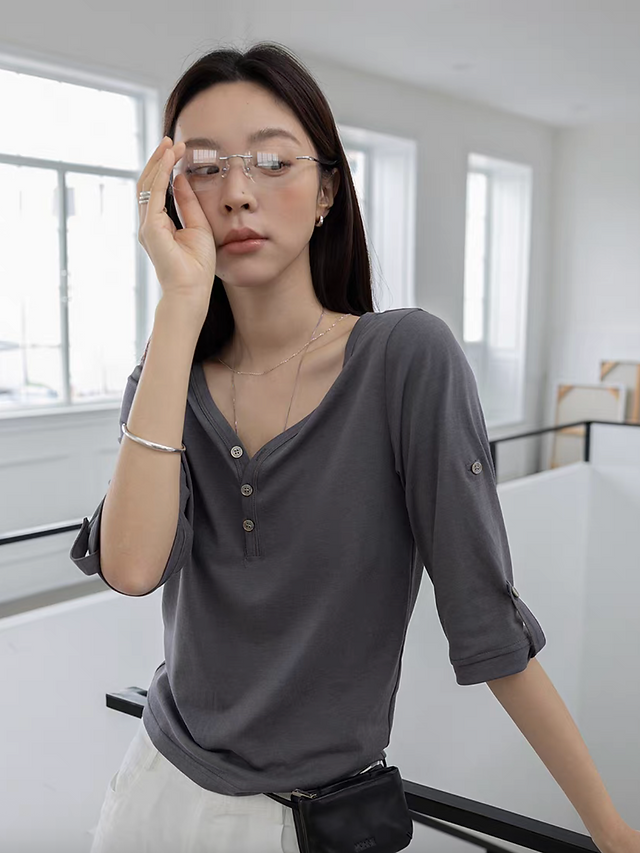 V neck buttoned strap tencel cotton two way tee 4