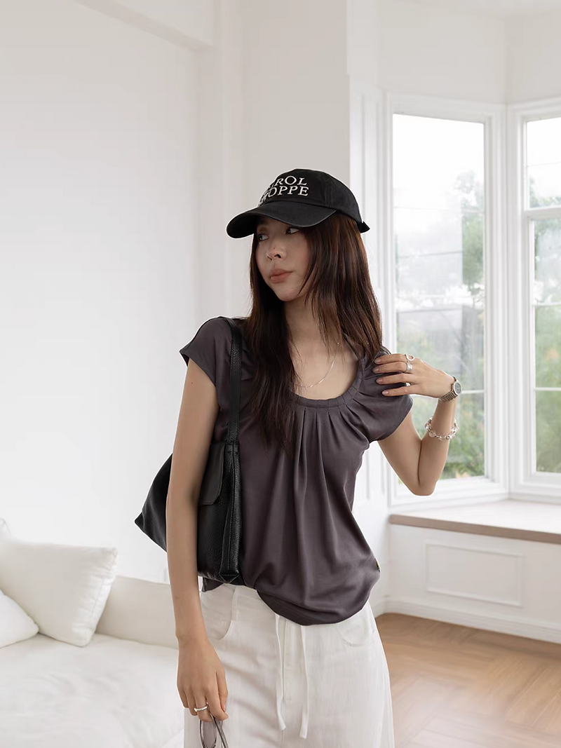Lyocell cotton poly back adjusted strap U neck tee 3