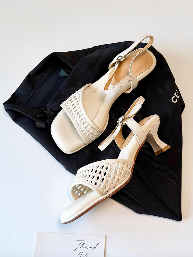 Soft calf leather padded sling back woven stilettos 6