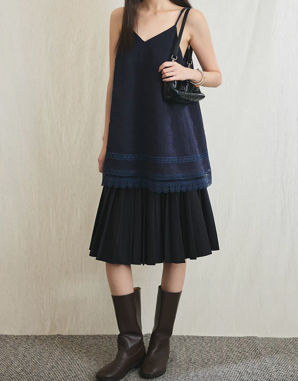 Thumbnail: Navy pure linen lace trim camisole