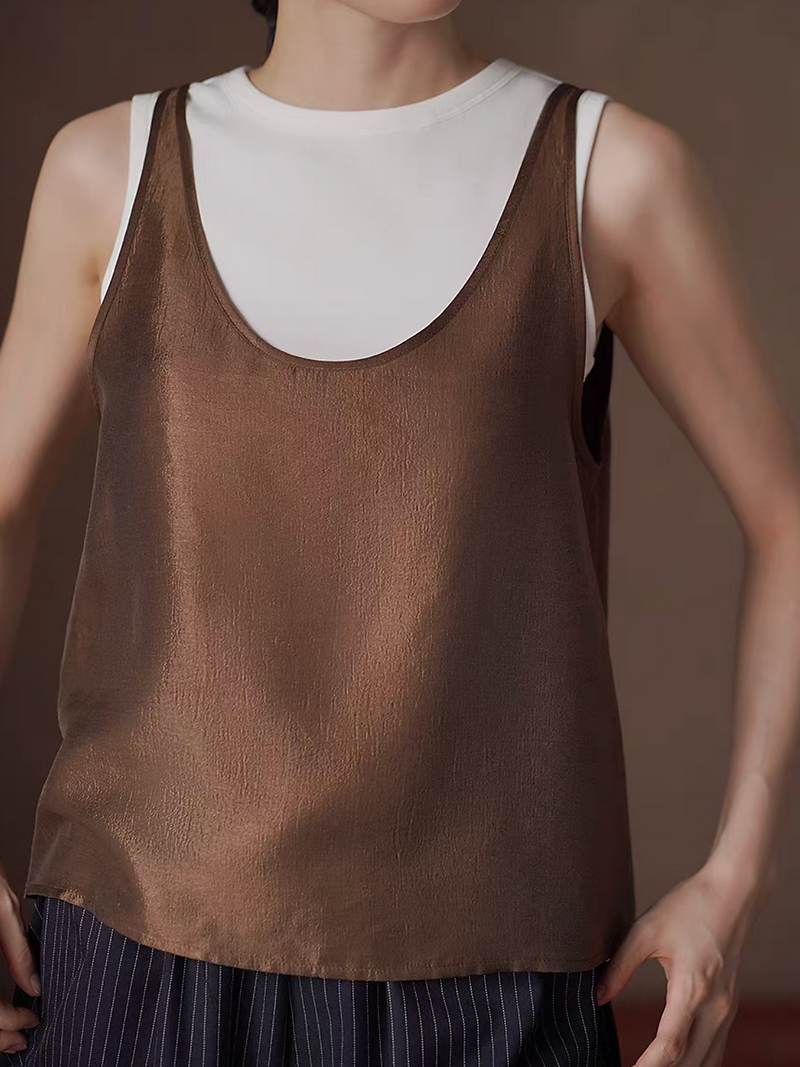 Crewneck cotton white vest +Cinnamon color poly rayon silky camisole set 3