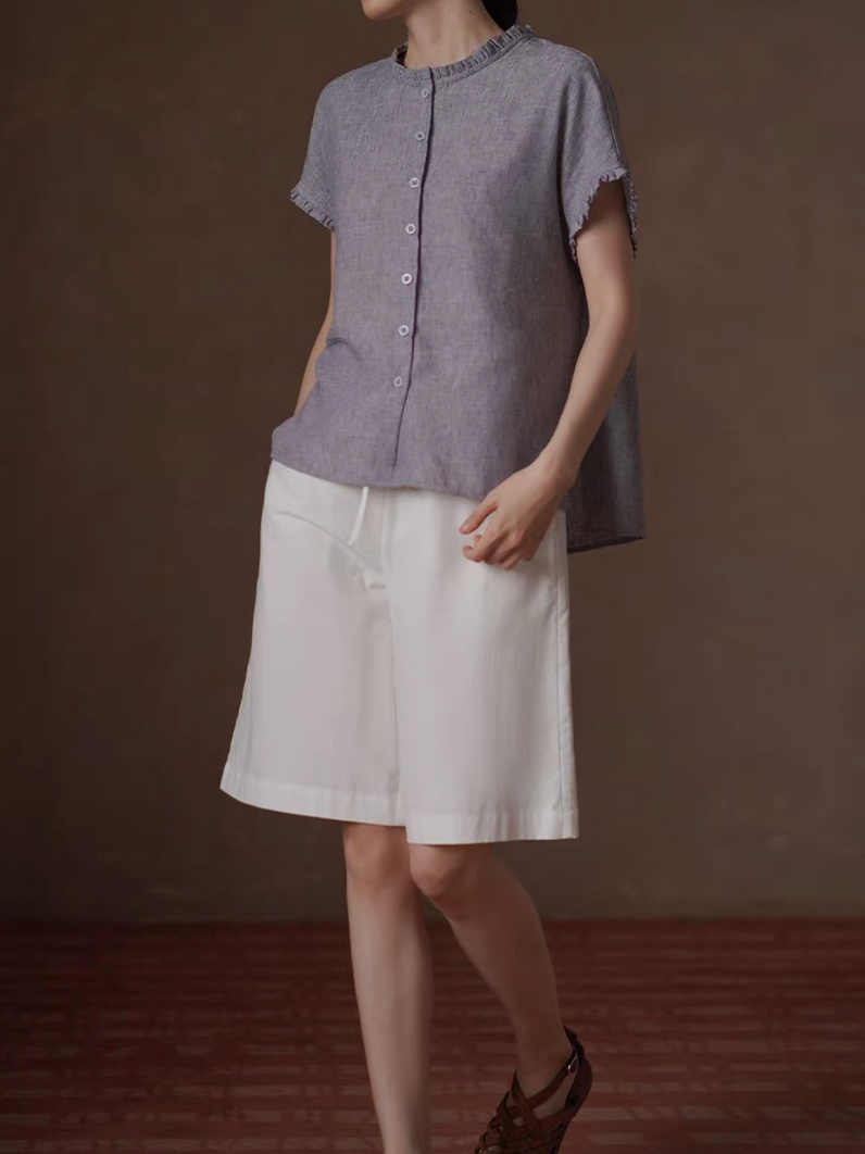 Pleated trim poly greyish blue buttoned blouse 6