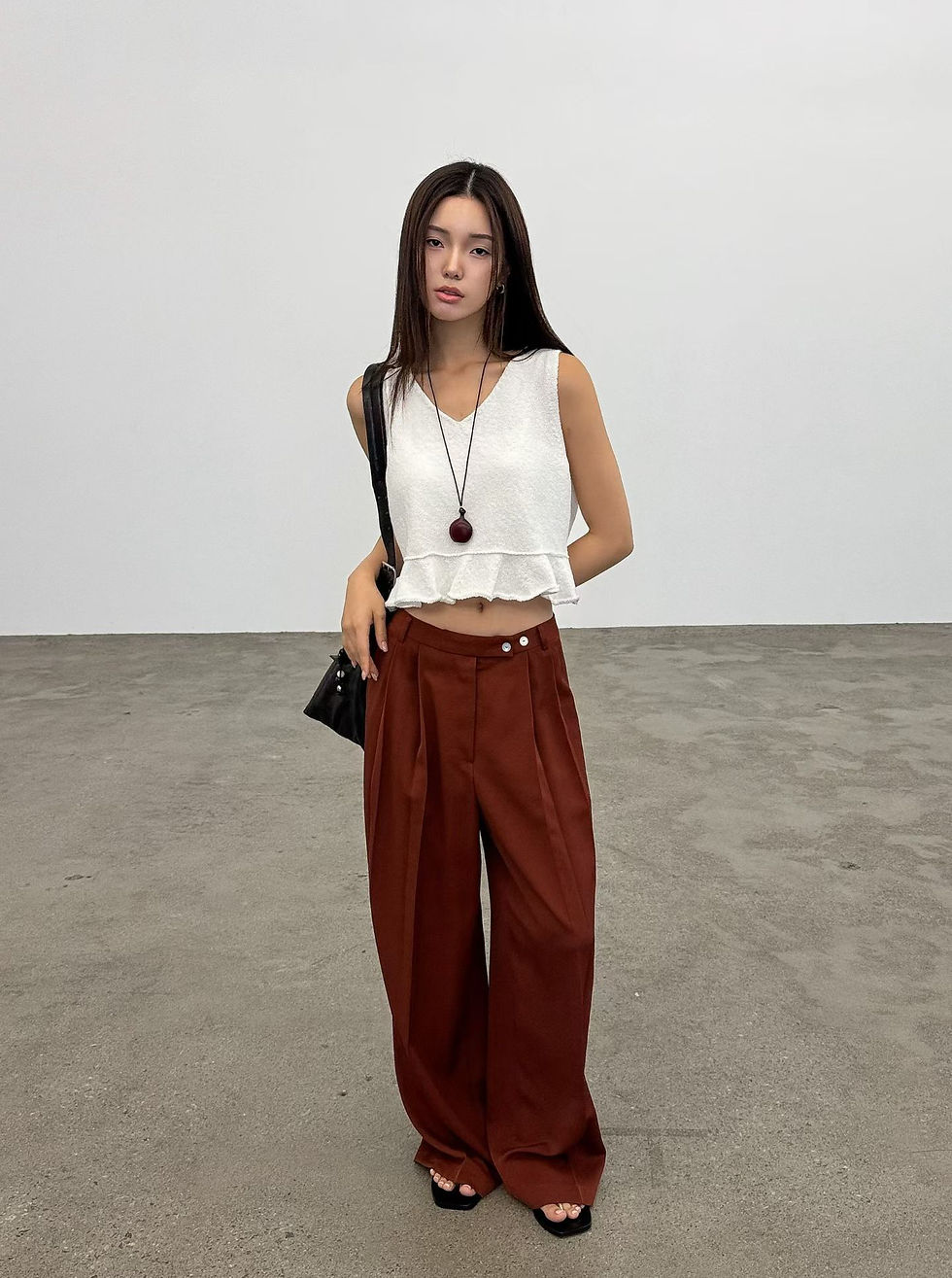 Thumbnail: Side double buttoned strap pleated linen rayon straight leg pants 
