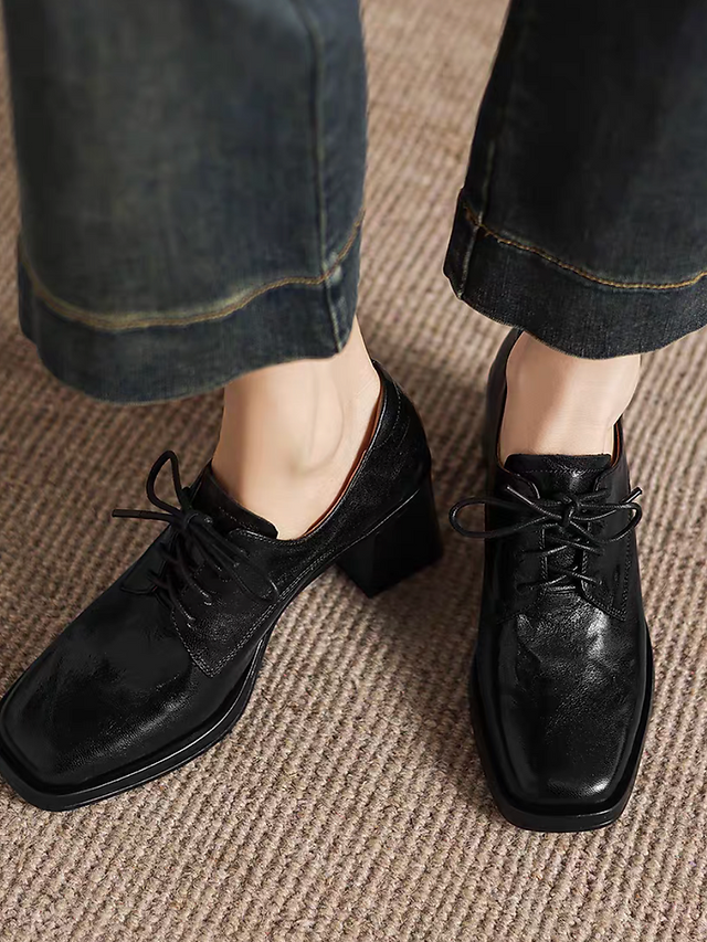 Square toe embossed lambskin chunky heel lacing shoes 2