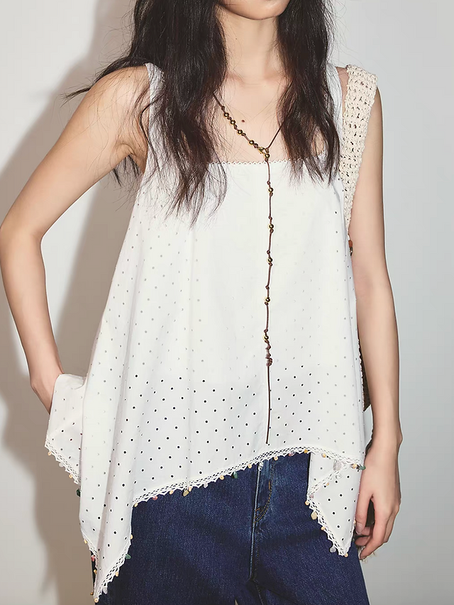 Crochet asymmetric pure cotton lace trim back knot vest 1