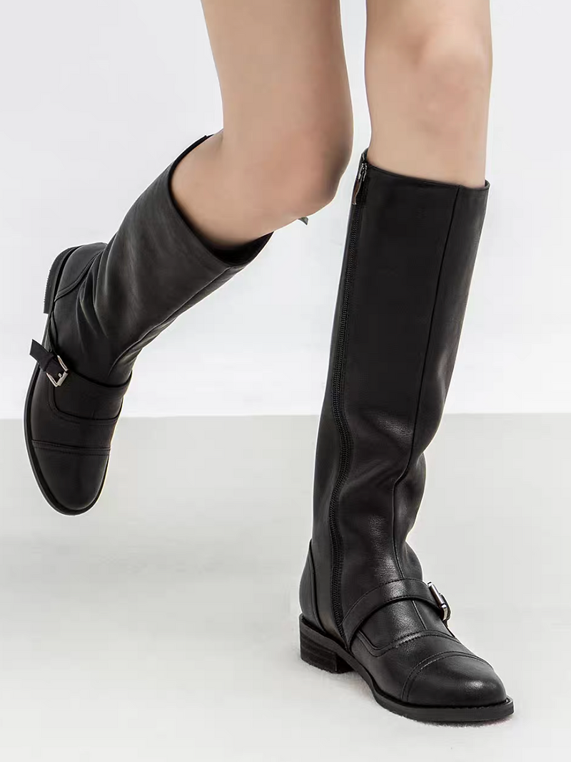 Made in Paris cow leather buckle strap knee length long boots 8
