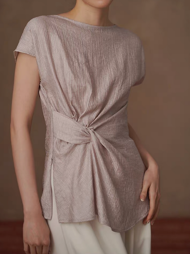 Morandi pink poly rayon embossed side twist knot mid length blouse 1