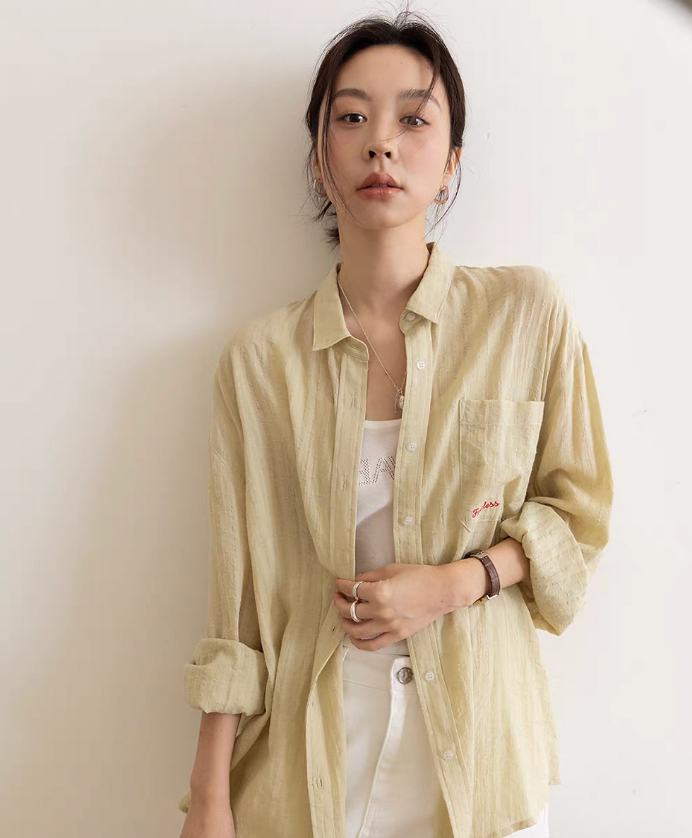 Thumbnail: Tencel cotton partial sheer striped mid length embroidered shirt