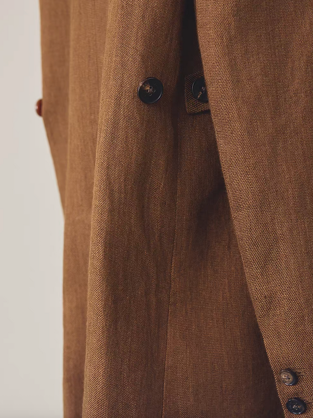 Camel color pure linen mid length waist buttoned lined blazer 13