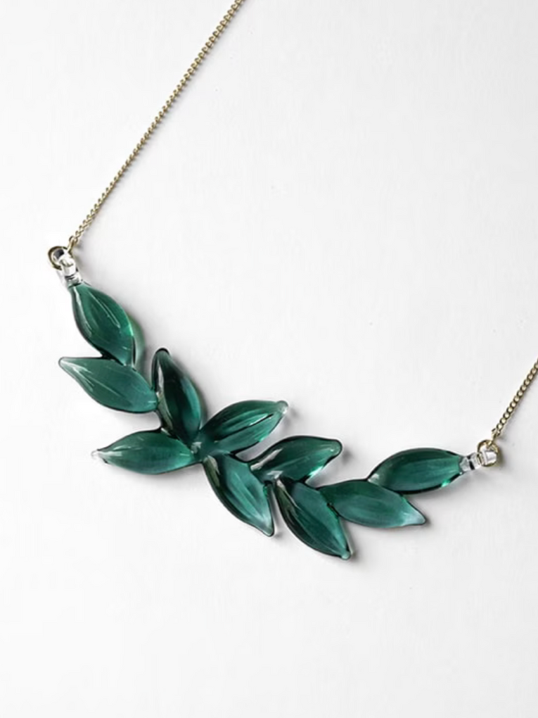 Handmade Hario yureha Maako Kido green tinted leafy glass necklace 6