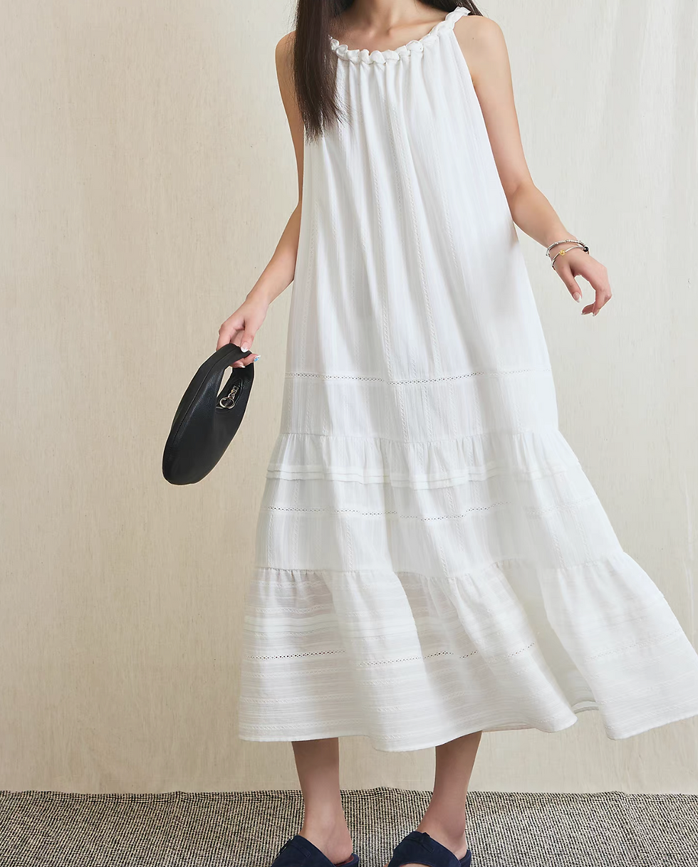 Thumbnail: Braided collar sleeveless back knot white cotton maxi halter mermaid dress