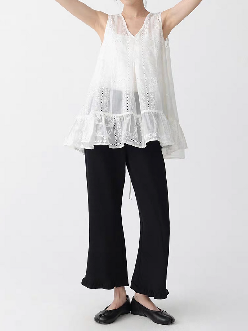 Lyocell crochet floral V neck ivory peplum back knot vest 6