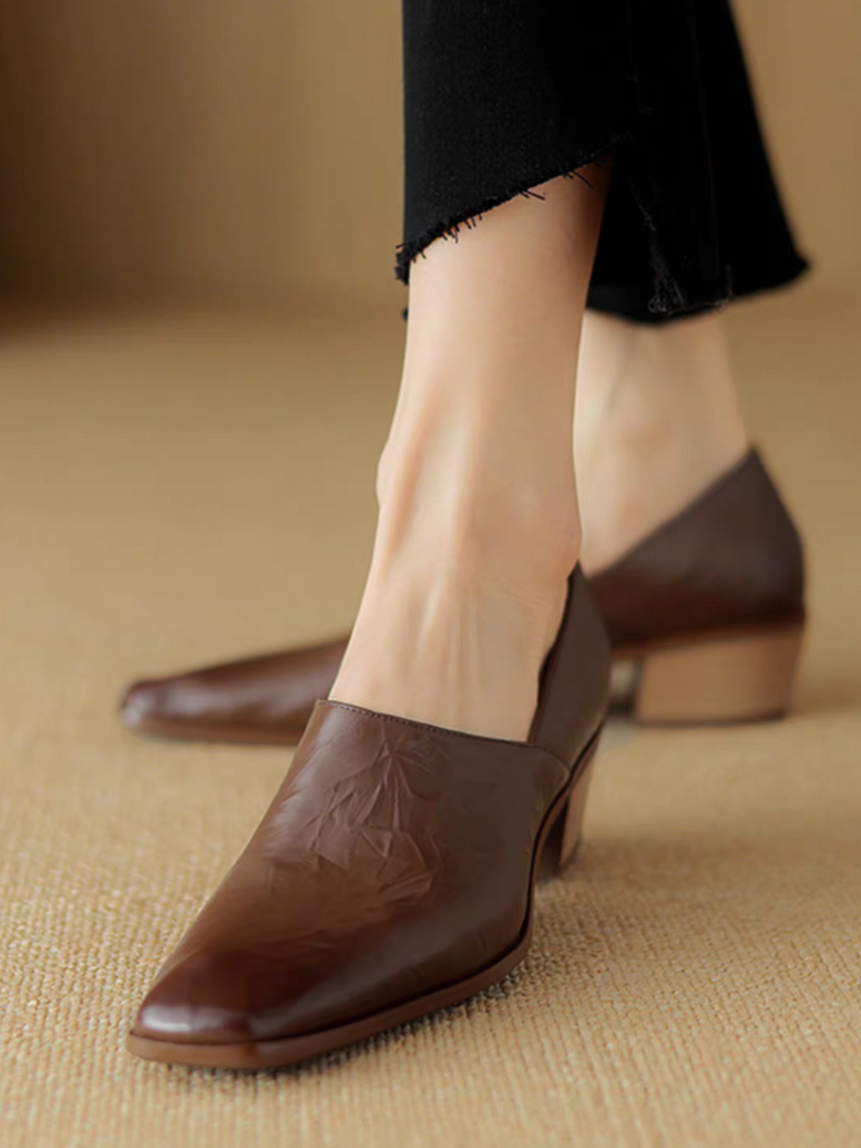 Embossed lambskin square toe wood heel loafers 10
