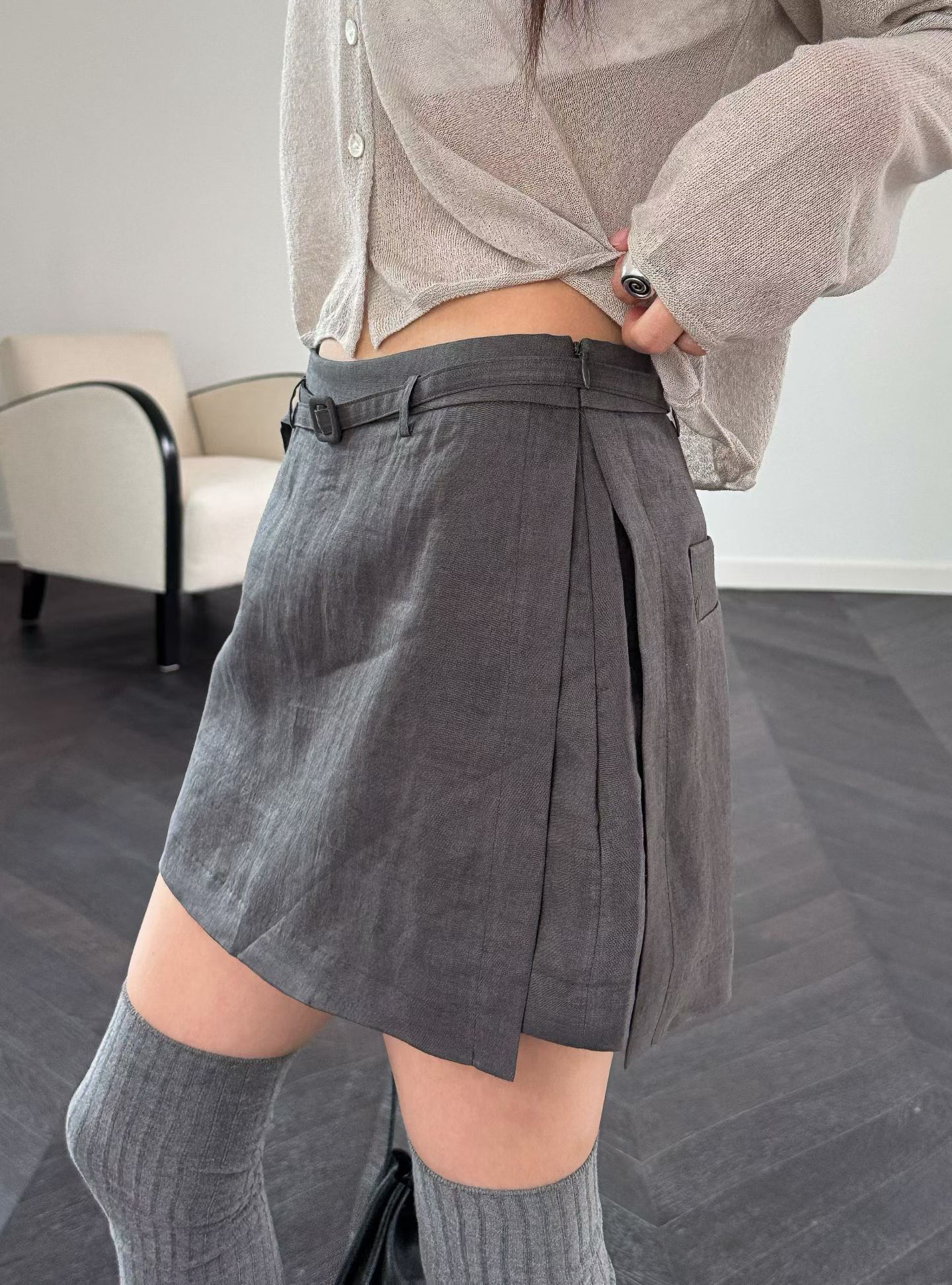 Belted linen high waisted layered skirt shorts 