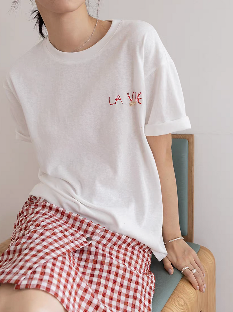 La Vie embroidery with star cotton linen crewneck tee 8