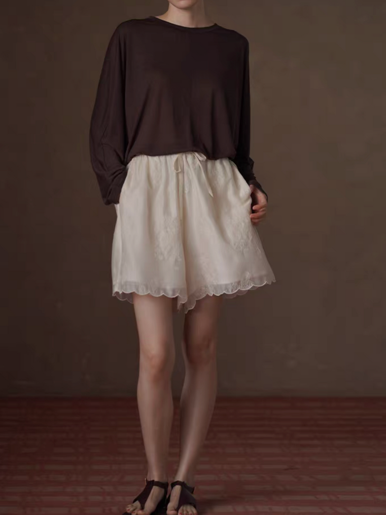 Ivory beige laced trim layered tencel lyocell rayon drawstring shorts 9