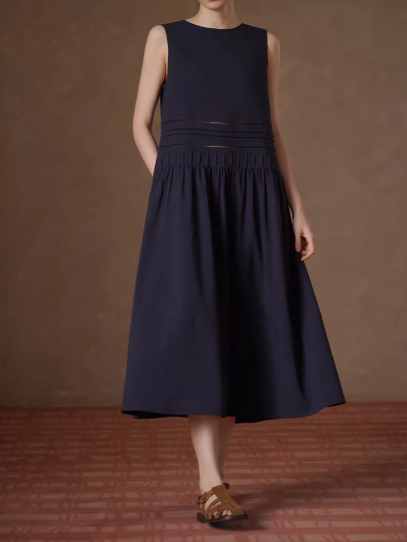 Navy lyocell rayon sheer stripes sleeveless maxi dress 1