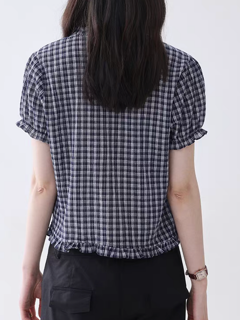 Checker ruffles V neck wavy cotton blouse 3