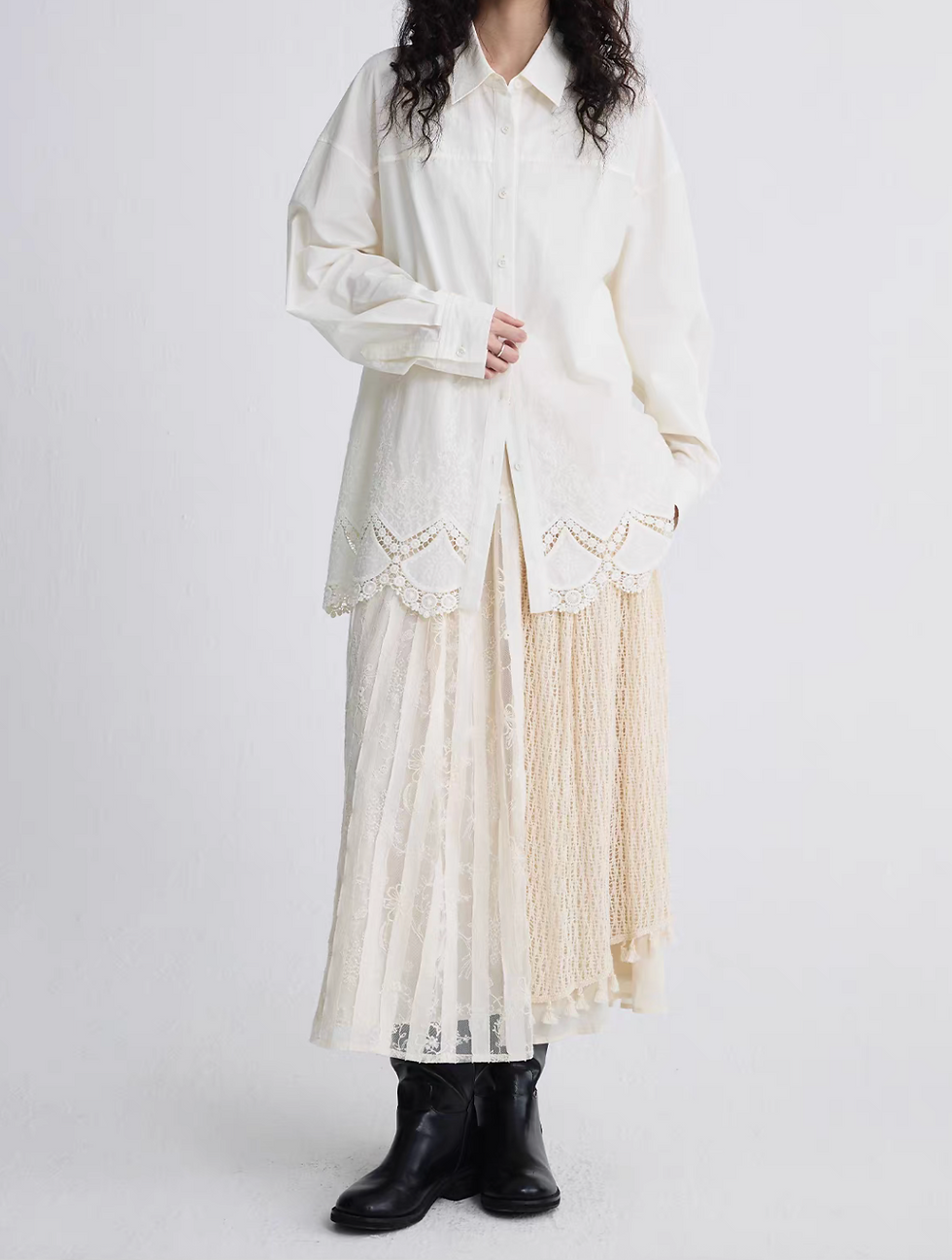Thumbnail: Ivory layered docking lace crochet pleated poly rayon elasticated skirt