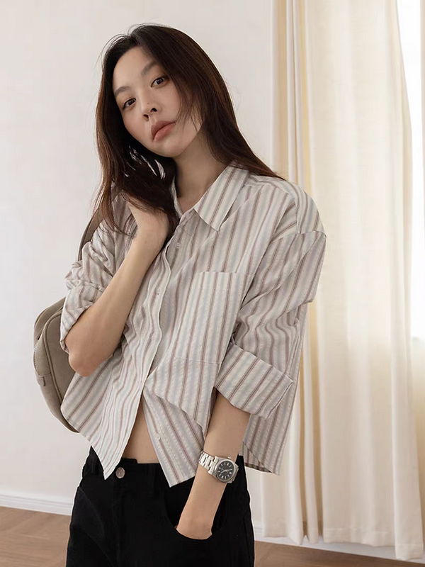 Embossed cotton rayon cropped striped shirt