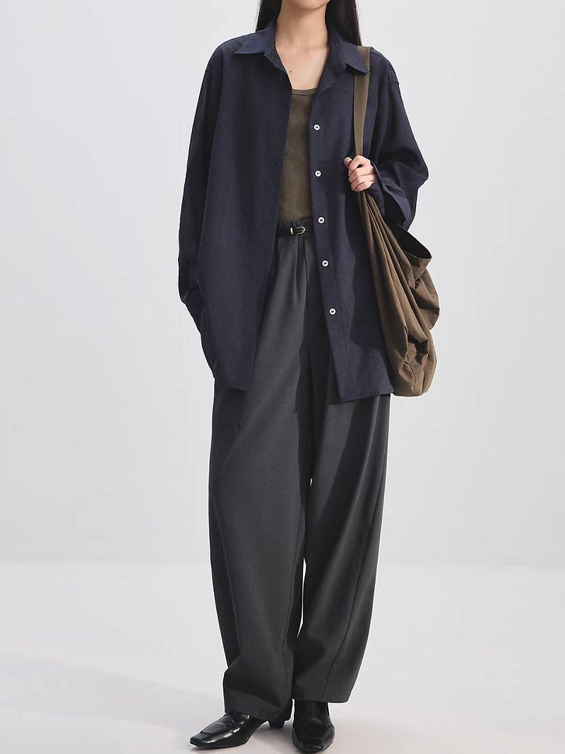 Leather weaved belt+elasticated charcoal grey contour poly rayon linen pants set 9
