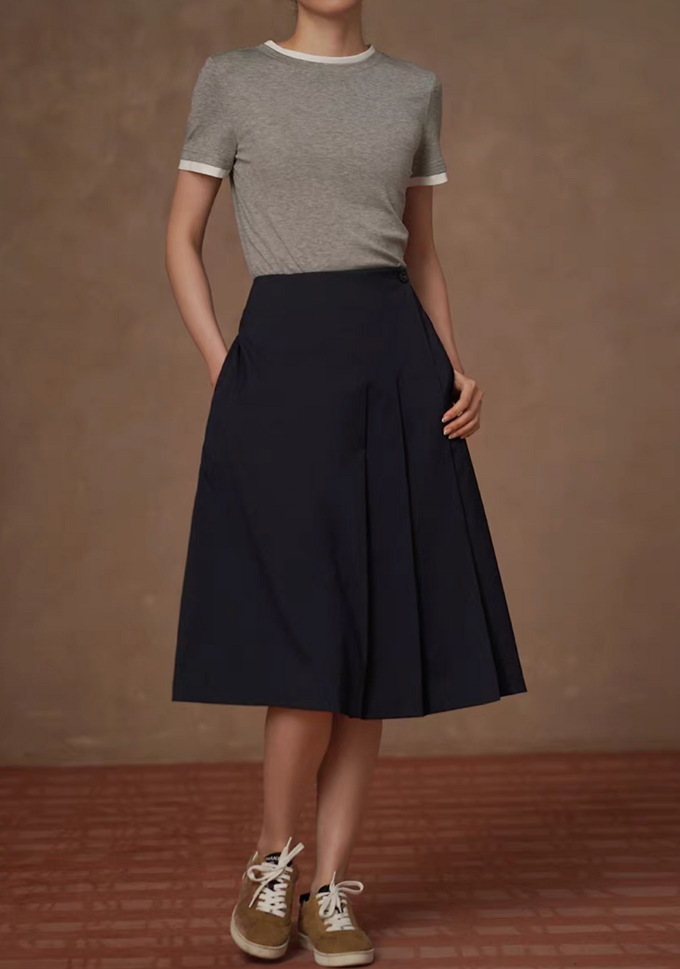 Thumbnail: High waisted pleated cotton rayon navy skirt