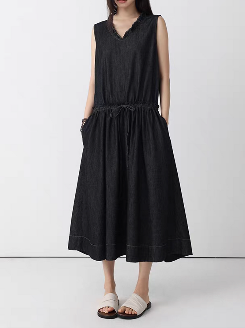 Dark denim V neck ruffles trim waist adjust drawstring sleeveless dress 4