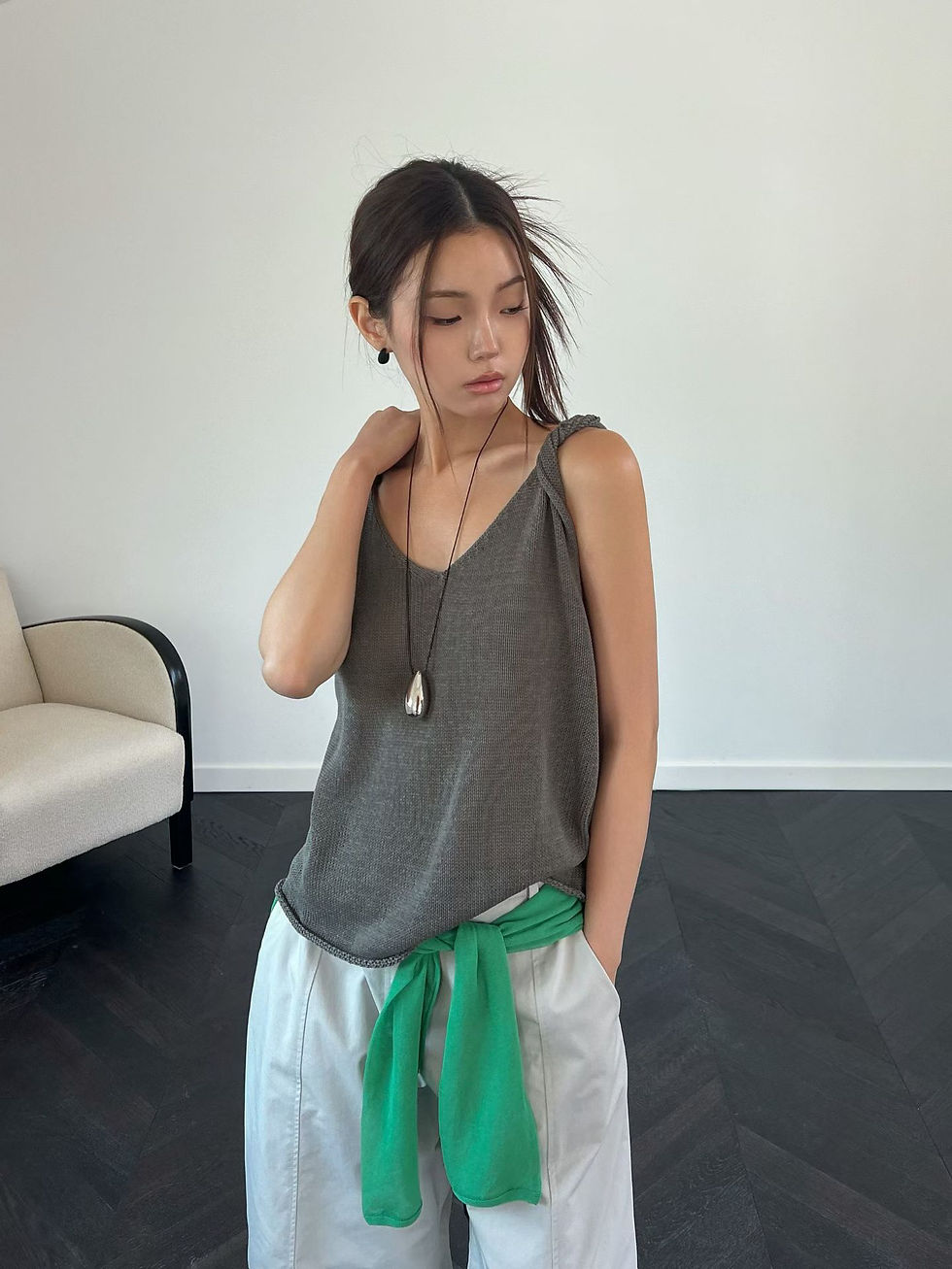 Thumbnail: Twist straps V neck knitted acrylic vest 