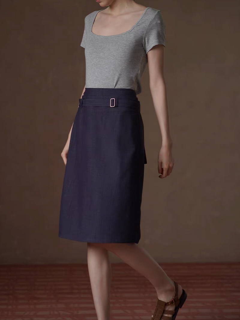 Navy belted tencel denim high waisted skirt 2