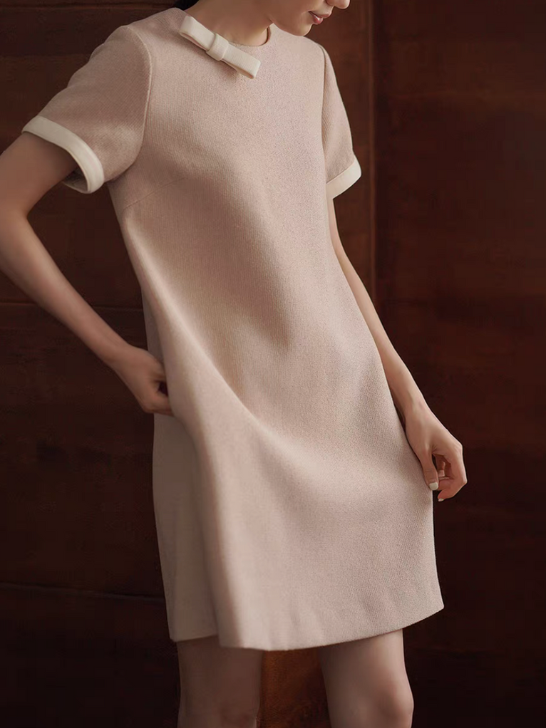 Bi color pastel pink ivory bow poly tweed midi dress 5