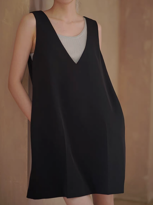Black deep V low back poly rayon contour dress 9
