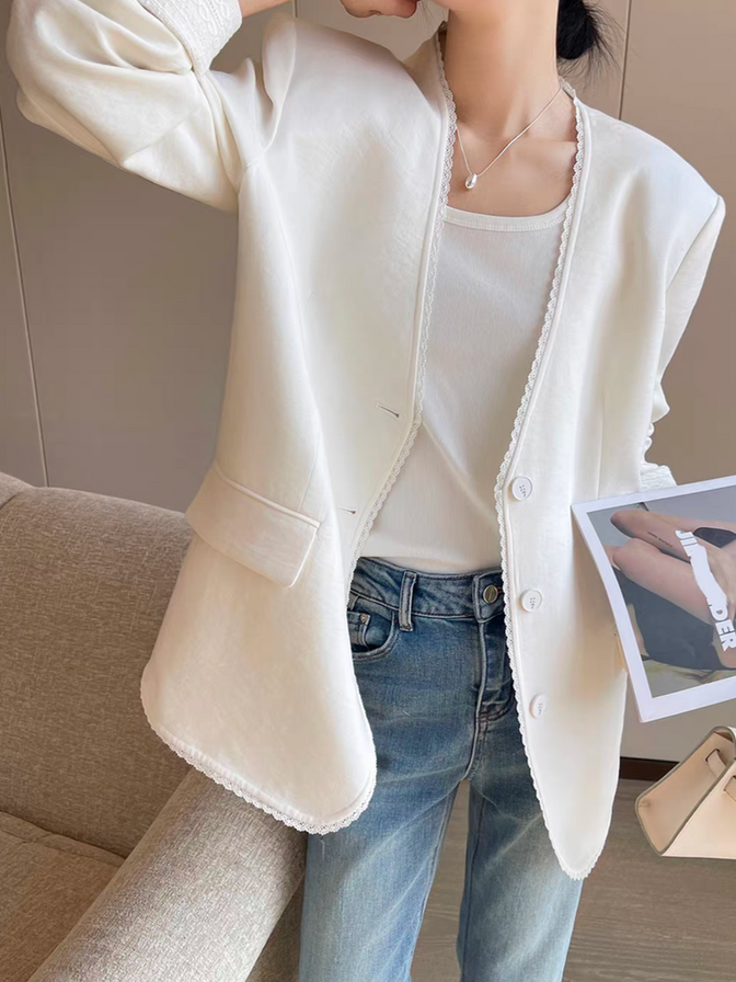 Ivory laced trim cotton poly mid length V neck buttoned jacket 13