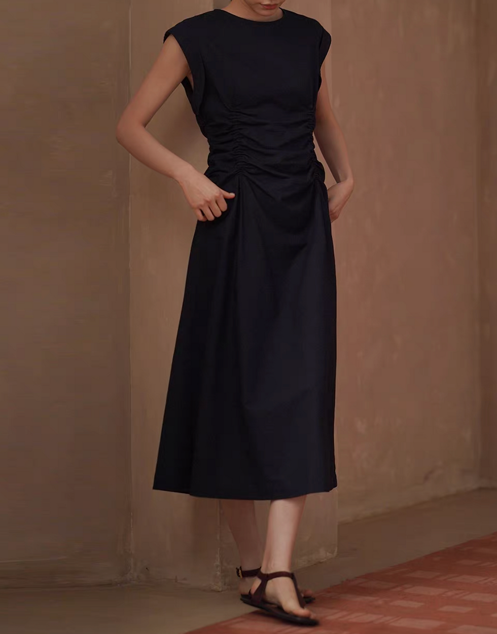 Thumbnail: Elastic ruffles flutter sleeve cotton linen slim cut navy sleeveless dress