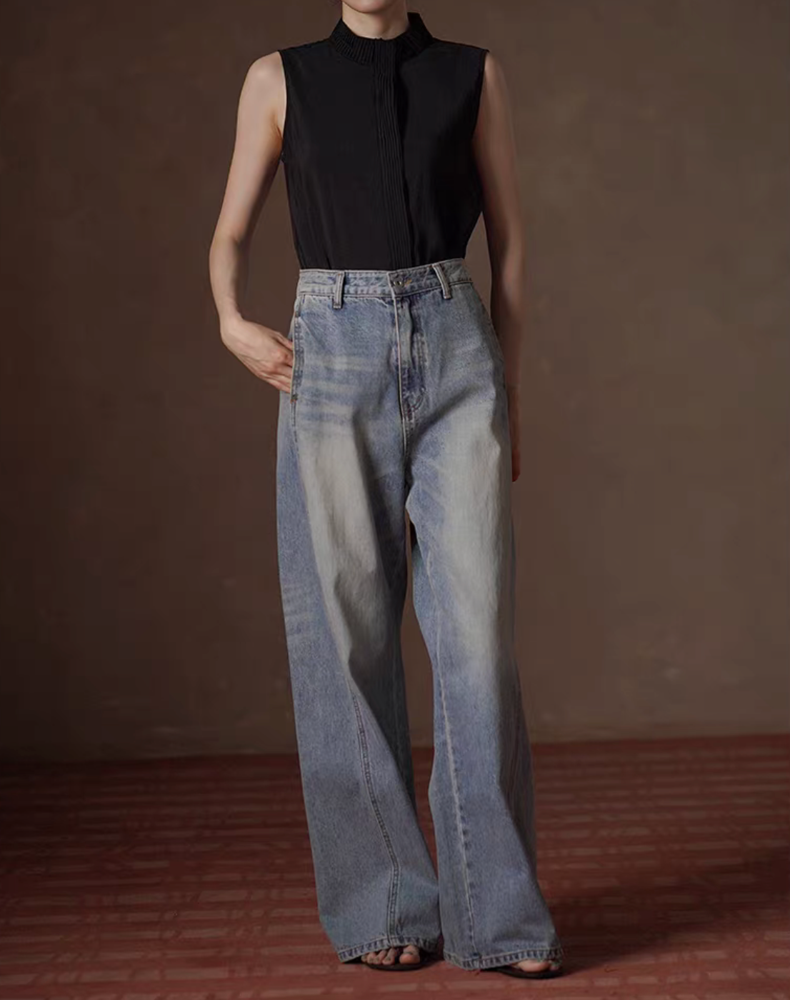 Diagonal seam acid washed high waisted denim pants