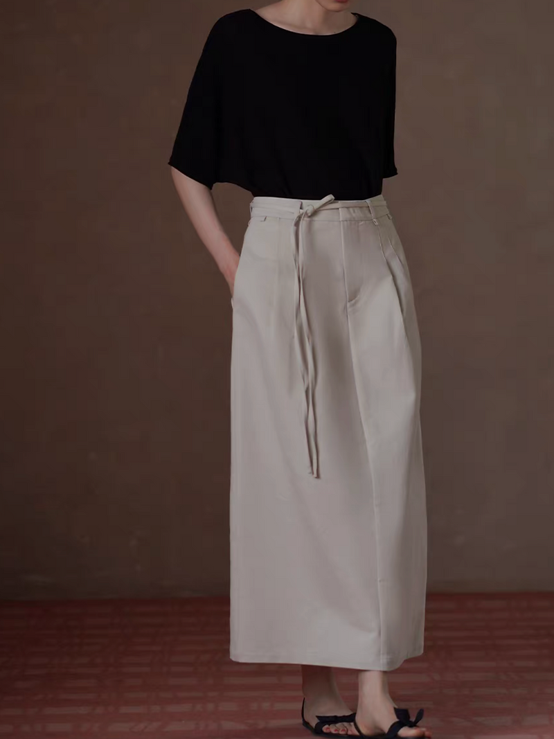 Beige A line cotton belted slit skirt 2