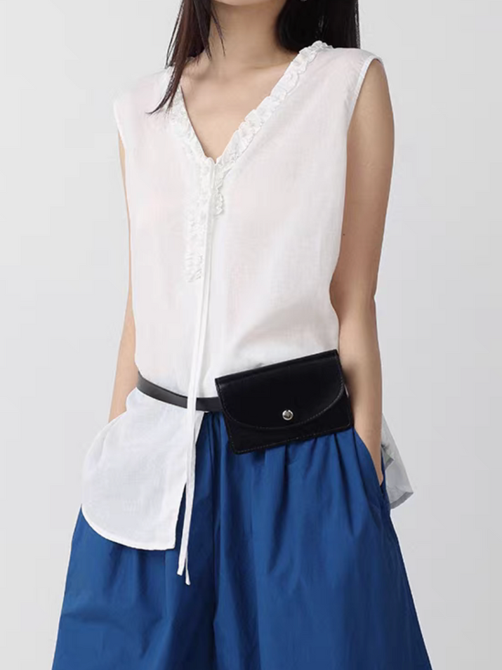 V neck ruffles drawstring side slit pure lyocell vest 10