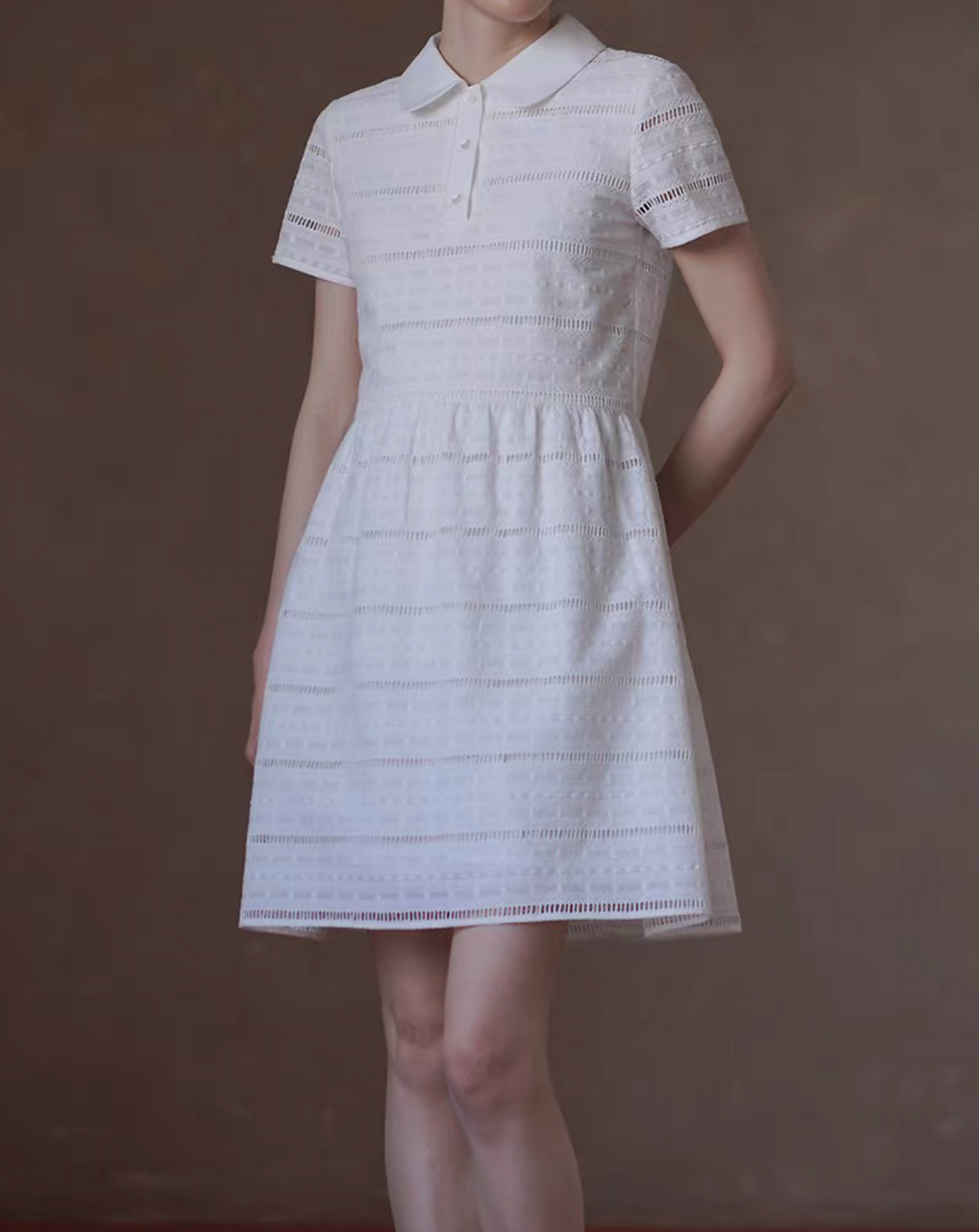 Thumbnail: Ivory embroidered lace crochet cotton  elasticated polo slim cut polo midi dress
