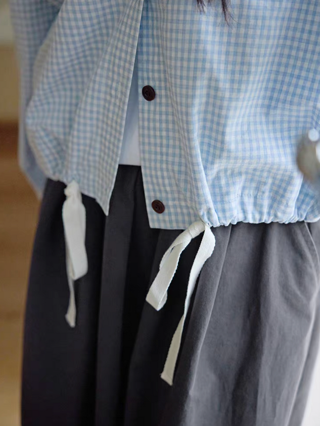 Checker blue cotton embroidered toasts hoodie drawstring jacket 5