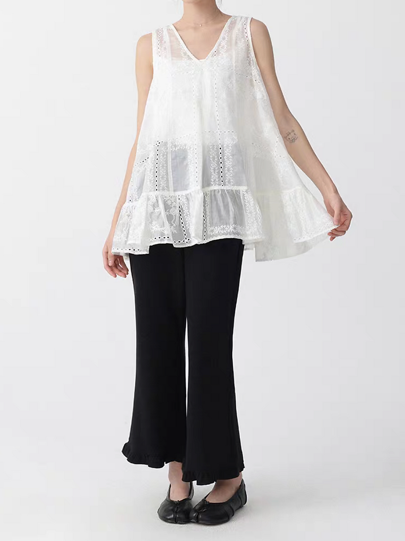 Lyocell crochet floral V neck ivory peplum back knot vest 3