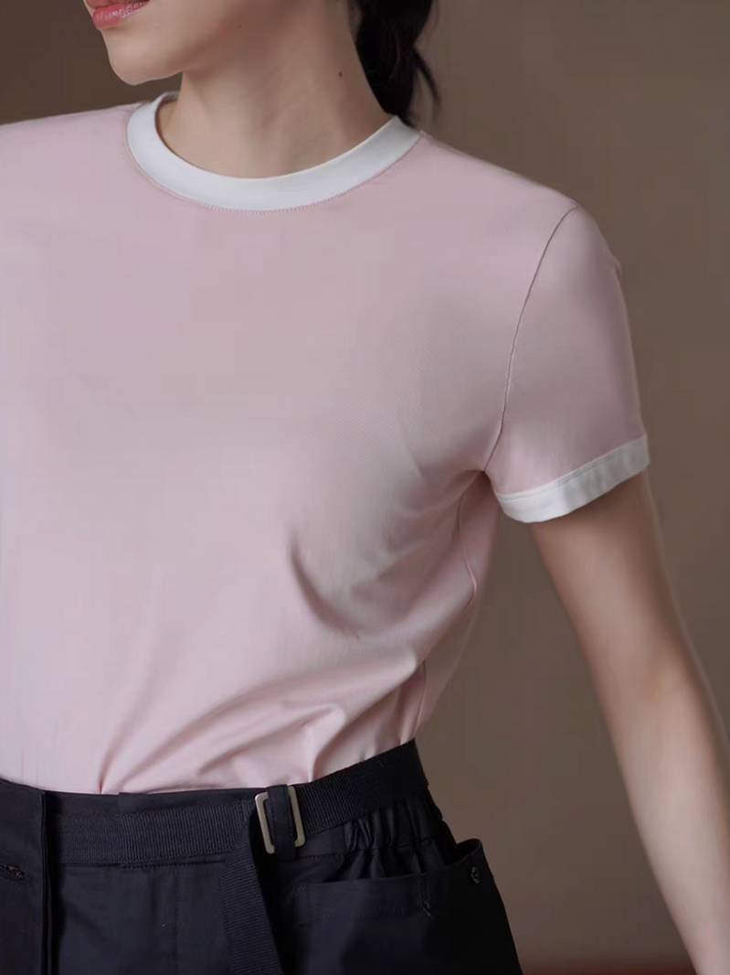 Modal cotton crewneck bi-color blossom pink tee 1