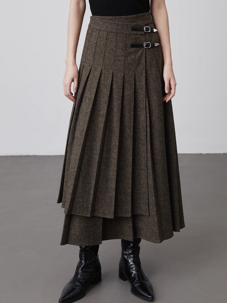High waisted layered asymmetric pleated khaki charcoal side straps skirt