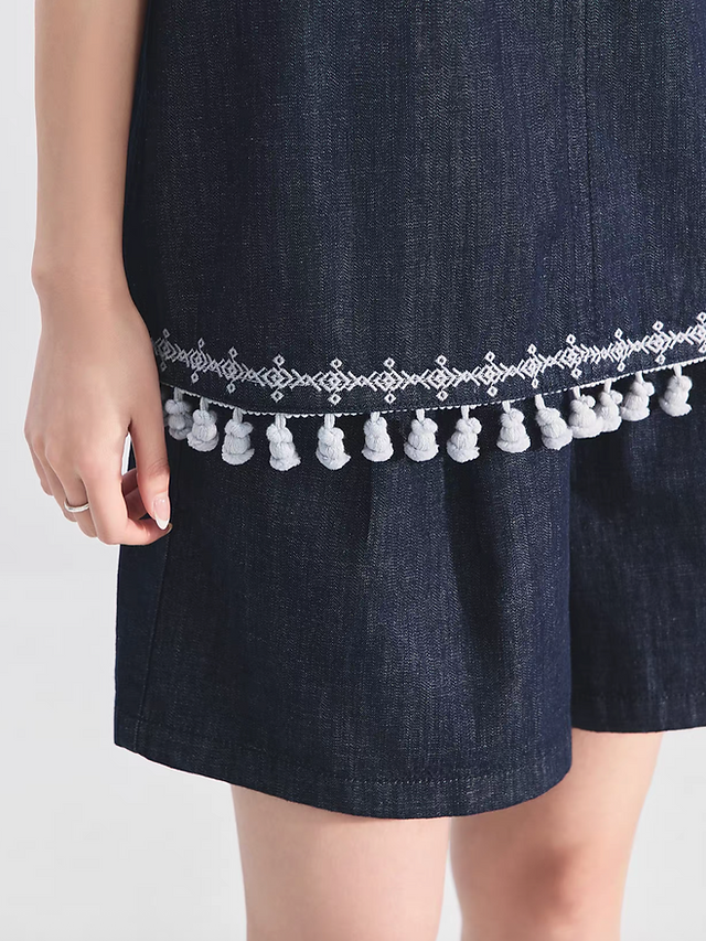 Drawstring dark navy tassels frills denim boxy vest 7