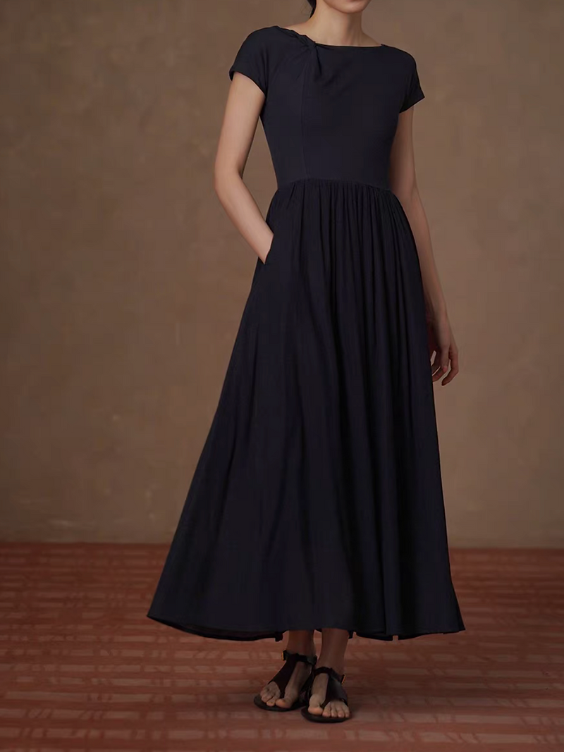 Navy cotton ruffle poly docking front twist shortsleeved dress 1