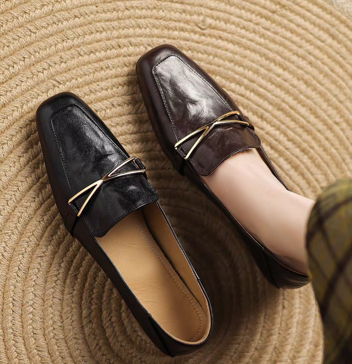 Lambskin metal deco low heel loafers