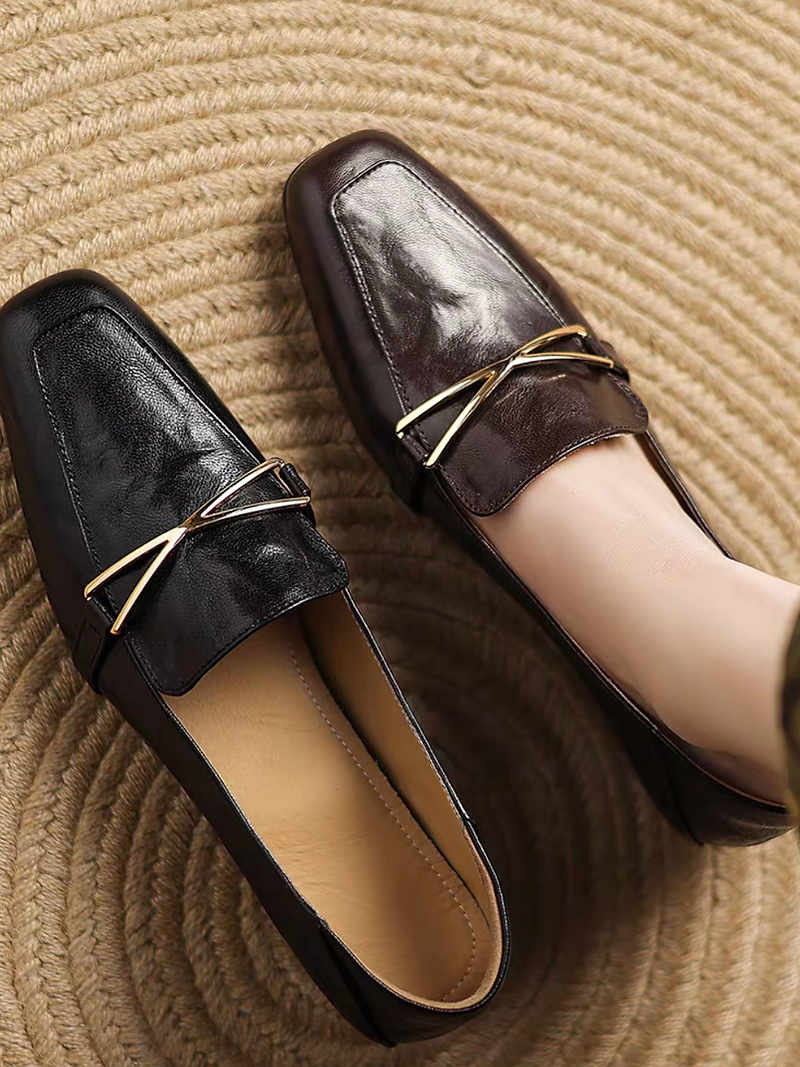 Lambskin metal deco low heel loafers 1